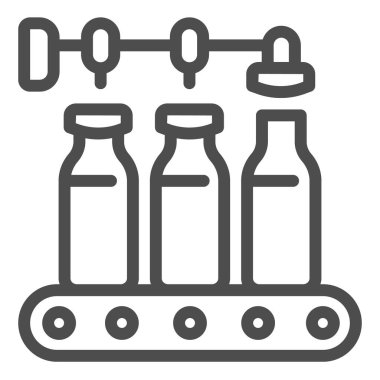Süt şişeleri çizgisi ikonu, süt ürünleri konsepti, beyaz arka planda şişe çizgisi tabelası, mobil konsept için ana hatlı süt fabrikası ikonu, web tasarımı. Vektör grafikleri.