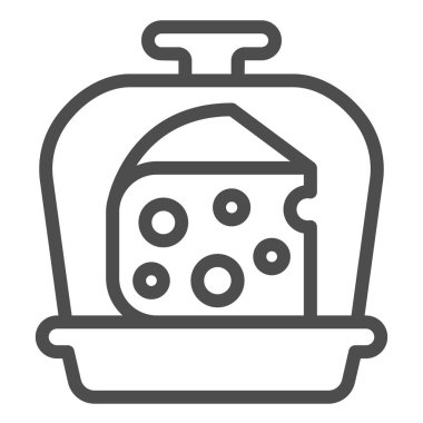 Cam bardak çizgisi simgesi altında peynir dilimi, süt ürünleri konsepti, beyaz arka planda peynir parçası tabelası, mobil ve web için ana hatlı simge üzerinde peynir dilimi. Vektör grafikleri.