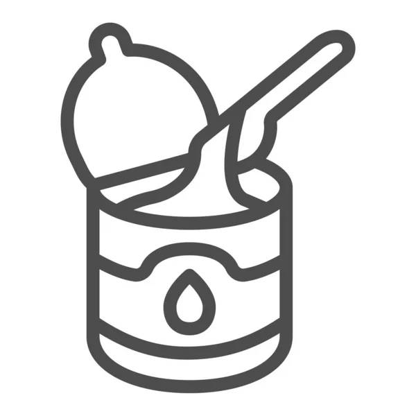 Blikje gecondenseerde melk met lepel lijn pictogram, zuivelproducten concept, Gecondenseerde melk kan en lepel teken op witte achtergrond, Milk Creamer Can pictogram in omtrek stijl. vectorgrafieken. — Stockvector