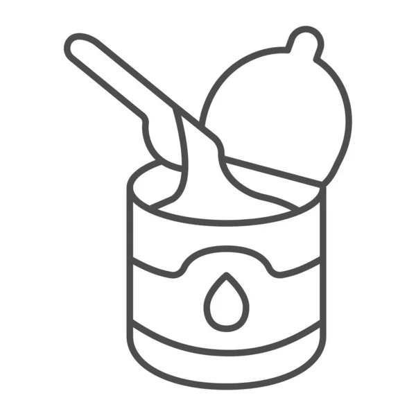 Boîte de conserve de lait condensé avec icône de ligne mince cuillère, concept de produits laitiers, boîte de lait condensé et panneau de cuillère sur fond blanc, icône de boîte de crème au lait dans le style contour. Graphiques vectoriels. — Image vectorielle