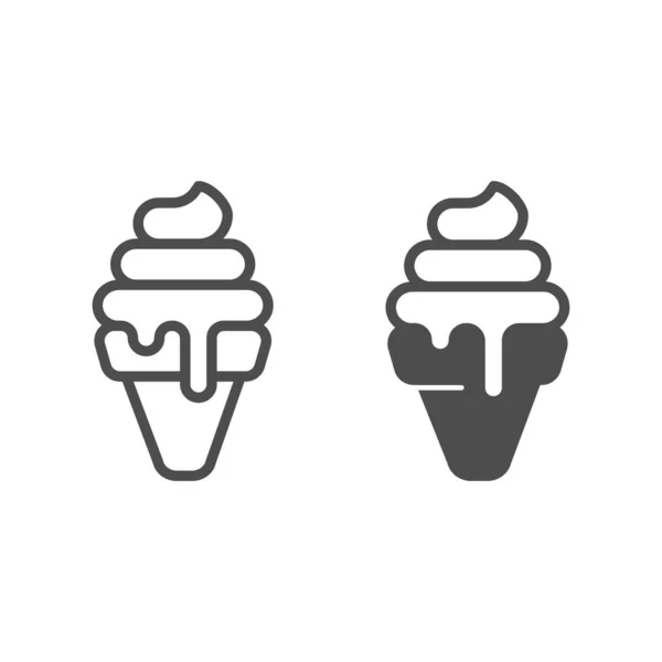 Crème glacée sundae ligne de cône de gaufre et icône solide, concept de glace, crème glacée sundae signe vecteur sur fond blanc, style de contour de cône de gaufre pour concept mobile et web design. Graphiques vectoriels. — Image vectorielle