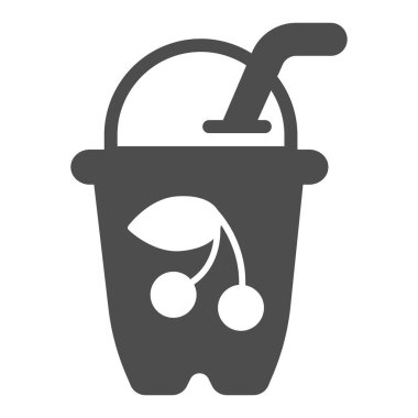 Vişneli yoğurt katıksız ikonu, dondurma konsepti, beyaz arka planda vişne kokteyli işareti, mobil konsept ve web tasarımı için yoğurt kabı tarzı. Vektör grafikleri.