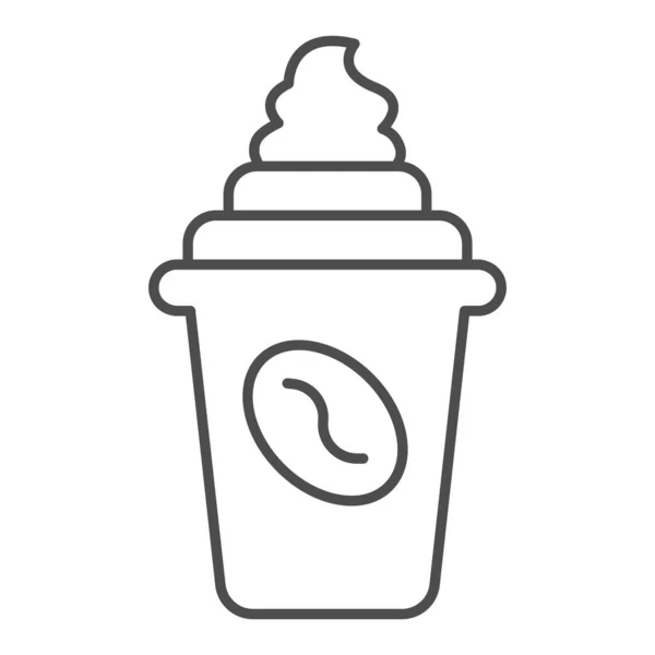 Káva se smetanou v šálku s víkem tenké čáry ikony, koncept zmrzliny, káva pohár vektor znamení na bílém pozadí, káva s krémem obrys styl pro mobilní koncept a web design. Vektorová grafika. — Stockový vektor