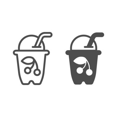 Kirazlı yoğurt serisi, katı ikon, dondurma konsepti, beyaz arka planda kiraz kokteyli vektör işareti, mobil konsept ve web tasarımı için yoğurt ana hatlı bardak. Vektör grafikleri.