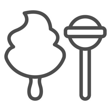 Pamuk şeker ve tatlı lolipop çizgisi ikonu, dondurma konsepti, beyaz zemin üzerinde pamuk şeker vektör işareti, mobil konsept ve web tasarımı için tatlı lolipop anahat tarzı. Vektör grafikleri.