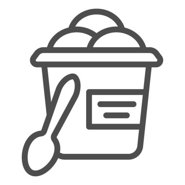 Dondurma kovası ve kaşık çizgisi ikonu, dondurma konsepti, beyaz arka planda kova dondurma vektör işareti, mobil konsept ve web tasarımı için kova ve kaşık tasarımı tarzı. Vektör grafikleri.