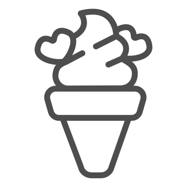 Eiswaffelkegel mit Herz-Linie-Symbol, Eiscreme-Konzept, Schokoherzen-Vektorschild auf weißem Hintergrund, Eis-Outline-Stil für mobiles Konzept und Webdesign. Vektorgrafik. — Stockvektor