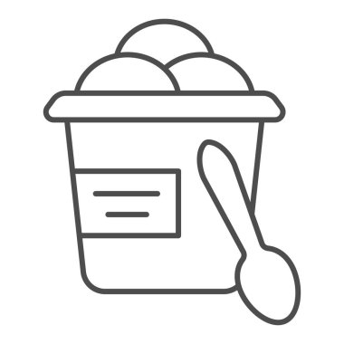 Dondurma kovası ve kaşık ince çizgi ikonu, dondurma konsepti, beyaz arka planda kova dondurma vektör işareti, mobil konsept ve web tasarımı için kova ve kaşık taslağı tarzı. Vektör grafikleri.