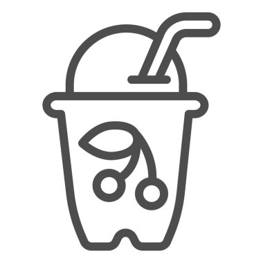 Kirazlı yoğurt çizgisi ikonu, dondurma kavramı, beyaz arka planda kiraz kokteyli vektör işareti, mobil konsept ve web tasarımı için yoğurt ana hatlı bardak. Vektör grafikleri.