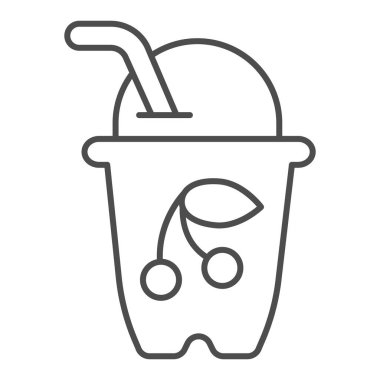 Kirazlı yoğurt, ince çizgi ikonu, dondurma kavramı, beyaz arka planda vişne kokteyli vektör işareti, mobil konsept ve web tasarımı için yoğurt ana hatlı bardak. Vektör grafikleri.