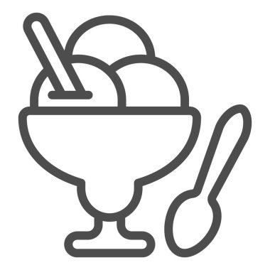 Cam vazo çizgisi ikonu, dondurma konsepti, beyaz arka planda üç top dondurma vektör işareti, cam vazo, mobil konsept ve web tasarımı için kaşık çizgisi tarzı. Vektör grafikleri.