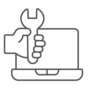 İnce ingiliz anahtarı çizgisi ikonu, pcrepair konsepti, beyaz arkaplanda dizüstü bilgisayar anahtarı vektör işareti, mobil konsept ve web tasarımı için ingiliz anahtarı ana hatlarıyla el ve dizüstü bilgisayar. Vektör grafikleri.