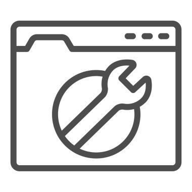 Web sitesi servis merkezi simgesi, pcrepair konsepti, beyaz arkaplanda onarım merkezi vektör işareti, mobil konsept ve web tasarımı için ingiliz anahtarı ana hatlı web sayfası. Vektör grafikleri.