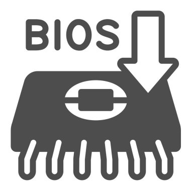 BIOS çip katı ikon, pcrepair konsepti, beyaz arkaplanda BIOS çip vektör işareti, taşınabilir konsept ve web tasarımı için BIOS çipi ve ok glifli mikrodevre. Vektör grafikleri.