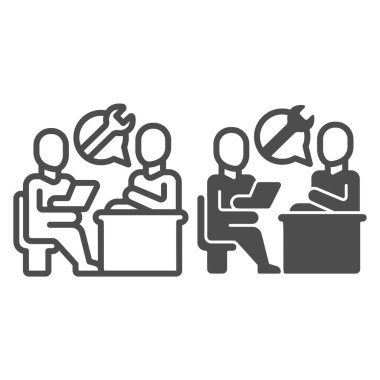 Müşteri ve usta, servis hattı ve sağlam ikon, pcrepair konsepti, istemci, beyaz arka planda ana vektör işareti, mobil konsept ve web tasarımı için servis taslağı biçimi. Vektör grafikleri.