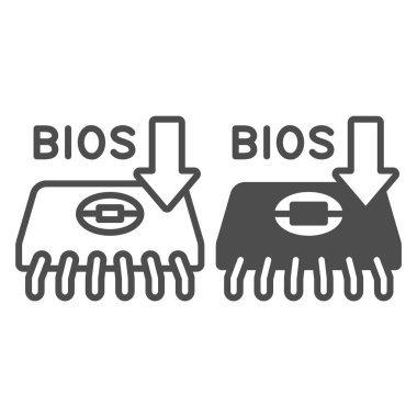 BIOS çip hattı ve katı ikon, pcrepair konsepti, beyaz arkaplanda BIOS çip vektör işareti, taşınabilir konsept ve web tasarımı için BIOS çip ve ok ana hatları tarzına sahip mikro devre. Vektör grafikleri.