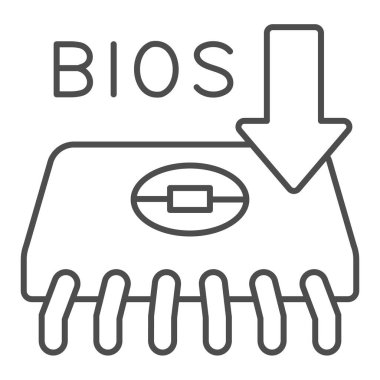 BIOS çip ince çizgi ikonu, pcrepair konsepti, beyaz arka planda BIOS çip vektör işareti, BIOS çipi ve mobil konsept ve web tasarımı için ok ana hatları tarzına sahip mikro devre. Vektör grafikleri.