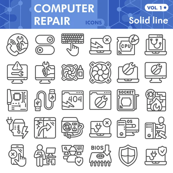 Pcrepair line ikon set, datorsymboler samling eller skisser. PC reparation linjär stil tecken för webb och app. Vektor grafik isolerad på vit bakgrund. — Stock vektor