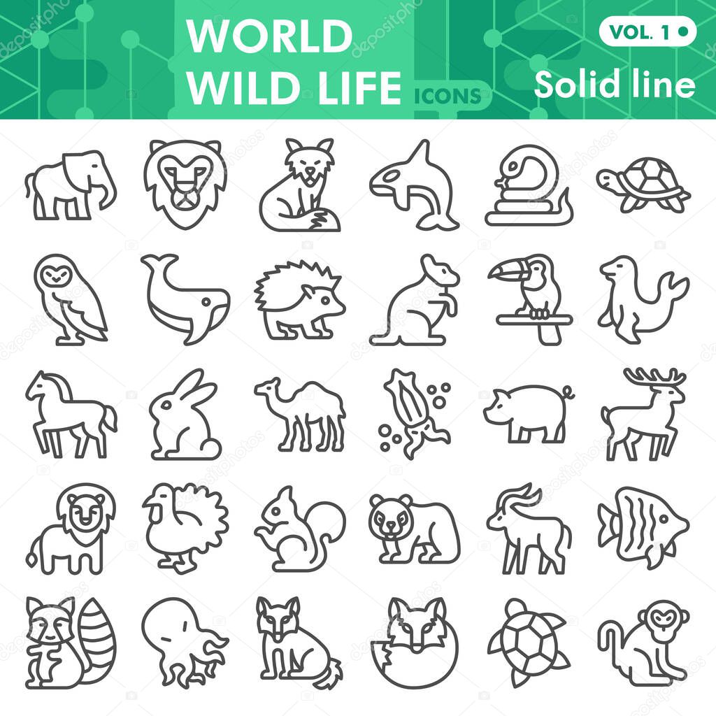World wildlife line icon set, animal symbols collection or sketches. World wildlife linear style signs for web and app. Vector graphics isolated on white background