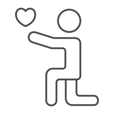 Dizlerinin üzerinde kalp çizgisi olan bir adam, 8 Mart konsepti, beyaz arka planda sevgilisine kalp veren bir adam, dizinin üzerinde duran evlilik teklifi yapan adam. Vektör grafikleri.