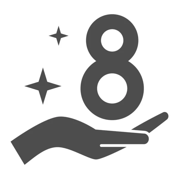 Acht op vrouw hand solide icoon, 8 maart concept, Happy Women Day teken op witte achtergrond, Palm met nummer acht icoon in glyph stijl voor mobiel concept en web design. vectorgrafieken. — Stockvector