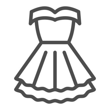 Kadın parti giyimi ikonu, 8 Mart konsepti, beyaz arka planda kadınlar için klasik moda elbisesi, mobil ve web tasarımı için ana hatlı kadın resmi elbise ikonu. Vektör grafikleri.