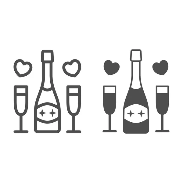 Champagne for two person line and solid icon, 8 March concept, romantic date symbol on white background, Champagne glasses and bottle with heart icon in outline style for mobile, web. Vector graphics. — Stock Vector