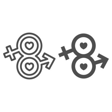 8 'i erkek ve kadın işaret çizgisi ve katı ikon, 8 Mart konsepti, beyaz arka planda erkek ve kadın işaretinin sonsuz sekiz şekilli sembolü, Cinsel Eşitlik simgesi ana hatlarda. Vektör grafikleri.