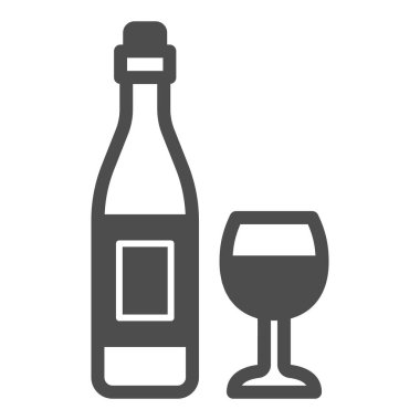 şişe şarap ve cam simgesi, şarap konsepti, alkol içeceği ve beyaz arka planda şarap kadehi vektör işareti, mobil konsept ve web tasarımı için glyph tarzı simge. Vektör grafikleri.