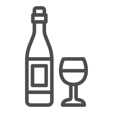 Şarap ve cam çizgisi ikonu, şaraphane konsepti, alkol içeceği ve beyaz arka planda şarap kadehi vektör işareti, mobil konsept ve web tasarımı için taslak tarzı ikon. Vektör grafikleri.