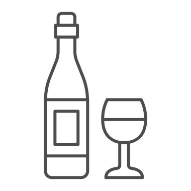 Beyaz arka planda şişe şarabı ve cam ince çizgi ikonu, şaraphane konsepti, alkol içeceği ve şarap kadehi vektör işareti, mobil konsept ve web tasarımı için taslak tarzı ikon. Vektör grafikleri.