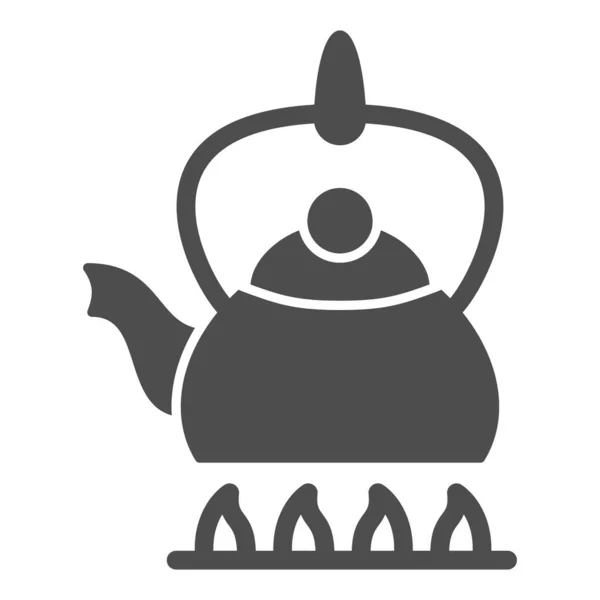 Kettle no fogo ícone sólido, conceito de utensílios de cozinha, bule no sinal de vetor de fogão a gás no fundo branco, ícone de estilo glifo para o conceito móvel e web design. Gráficos vetoriais. — Vetor de Stock