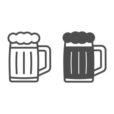 Bira şeridi ve katı ikon, bar ve bira fabrikası konsepti, beyaz arka planda bira kupası vektör tabelası, mobil konsept ve web tasarımı için taslak tarzı ikon. Vektör grafikleri.