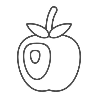 Kemik ince çizgi ikonu, meyve ve böğürtlen konsepti, beyaz zemin üzerinde tohum vektör işareti olan elmayı ısırılmış hali, mobil konsept ve web tasarımı için taslak tarzı ikonu. Vektör grafikleri.