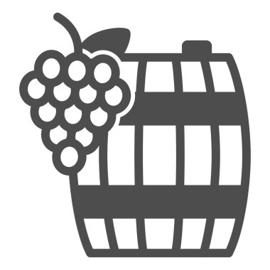 Grapes and wine in barrel solid icon, winery concept, wooden butt and grape cluster vector sign on white background, glyph style icon for mobile concept and web design. Vector graphics.