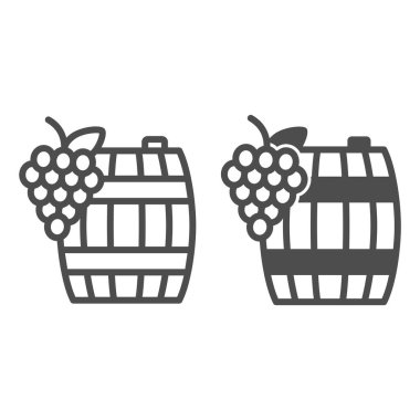 Grapes and wine in barrel line and solid icon, winery concept, wooden butt and grape cluster vector sign on white background, outline style icon for mobile concept and web design. Vector graphics.