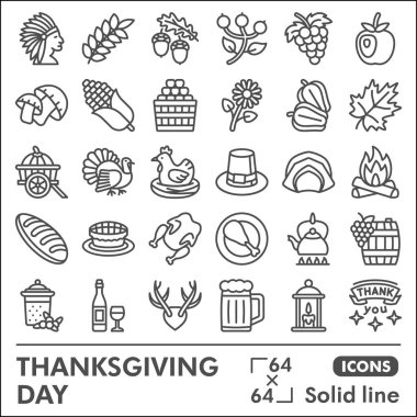 Şükran Günü ikonu seti, hasat töreni sembolleri koleksiyonu veya çizimleri. Web ve uygulama için kati şükran çizgisi doğrusal işaretleri. Beyaz arkaplanda izole edilmiş vektör grafikleri.