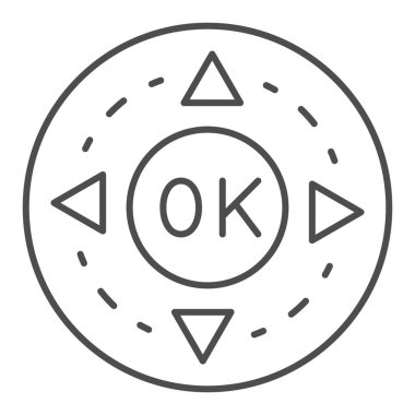 Uzaktan kontrol düğmeleri ince çizgi simgesi, monitörler ve TV konsepti, tamam ve ok düğmesi vektör işareti beyaz arkaplan üzerinde, mobil konsept ve web tasarımı için taslak biçimi simgesi. Vektör grafikleri.