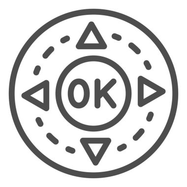 Uzaktan kumanda düğme çizgisi simgesi, monitörler ve TV konsepti, tamam ve ok düğmesi vektör işareti beyaz arkaplan, mobil konsept ve web tasarımı için taslak biçimi simgesi. Vektör grafikleri.