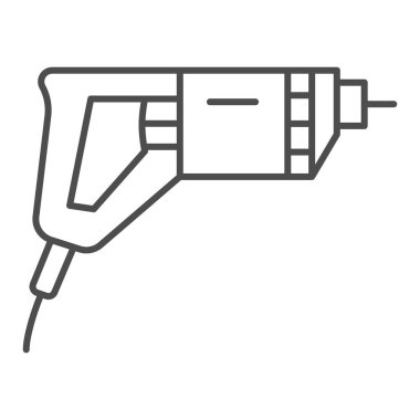 Elektrik matkabı ince çizgi simgesi, inşaat araçları konsepti, beyaz zemin üzerinde elektrikli matkap vektör işareti, mobil konsept ve web tasarımı için taslak biçimi simgesi. Vektör grafikleri.