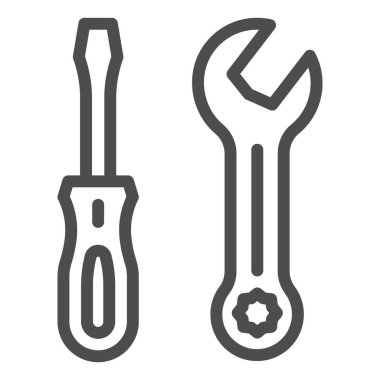 Tornavida ve anahtar çizgisi simgesi, inşaat araçları konsepti, beyaz arkaplanda tornavida ve anahtar vektör işareti, mobil konsept ve web tasarımı için taslak biçimi simgesi. Vektör grafikleri.