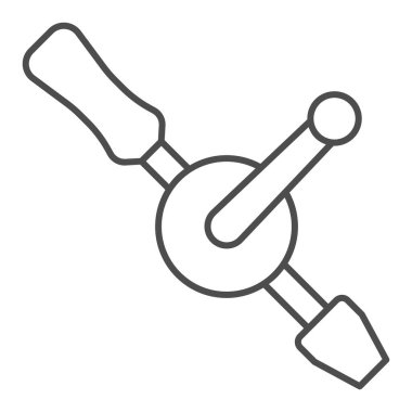 El matkabı ince çizgi simgesi, inşaat araçları konsepti, beyaz arka planda el bilgisayarı vektör işareti, mobil konsept ve web tasarımı için taslak biçimi simgesi. Vektör grafikleri.