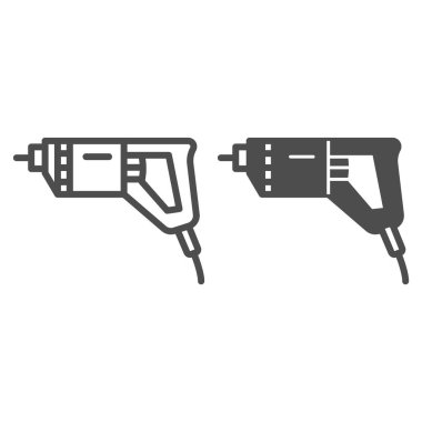 Elektrik sondaj hattı ve katı ikon, inşaat araçları konsepti, beyaz zemin üzerinde elektrikli matkap vektör işareti, mobil konsept ve web tasarımı için taslak biçimi simgesi. Vektör grafikleri.