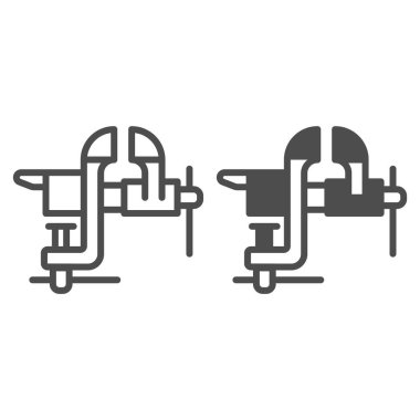 Mengene çizgisi ve sağlam simge, inşaat araçları kavramı, beyaz arkaplanda dönen mengene işareti, mobil konsept ve web tasarımı için taslak biçimi simgesi. Vektör grafikleri.