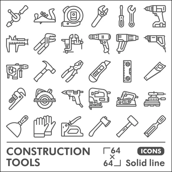 Conjunto de iconos de línea de herramientas de construcción, colección de símbolos de equipos de construcción o bocetos. Carpintero kit de reparación de línea sólida signos de estilo lineal para web y aplicación. Gráficos vectoriales aislados sobre fondo blanco. — Vector de stock