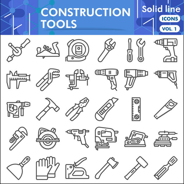 Construction tools line icon set, building equipment symbols collection or sketches. Carpenter repair kit solid line linear style signs for web and app. Vector graphics isolated on white background.