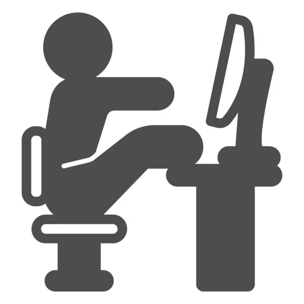 怠惰な従業員の固体アイコン、オフィス症候群の概念は、怠惰な男が白い背景に机のベクトル記号に座って、携帯電話の概念とWebデザインのためのPCのグリフスタイルを持つ男。ベクトルグラフィックス. — ストックベクタ