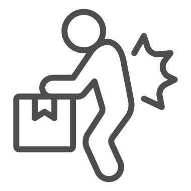 Kutu ve sırt ağrısı çizgisi ikonu olan adam, ofis sendromu konsepti, beyaz arka planda sırt ağrısı vektörü işareti, insan ve mobil konsept ve web tasarımı için kutu tasarımı tarzı. Vektör grafikleri.