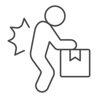 Kutu ve sırt ağrısı olan adam ince çizgi ikonu, ofis sendromu konsepti, beyaz arka planda sırt ağrısı vektörü işareti, insan ve mobil konsept ve web tasarımı için kutu tasarımı tarzı. Vektör grafikleri.