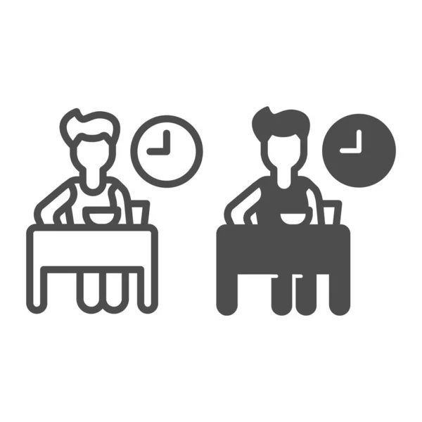 员工早餐线和坚实的图标，办公场所的概念，男人在白色背景上做早餐矢量签名，男人坐着为移动概念和网页设计的轮廓风格。矢量图形. — 图库矢量图片
